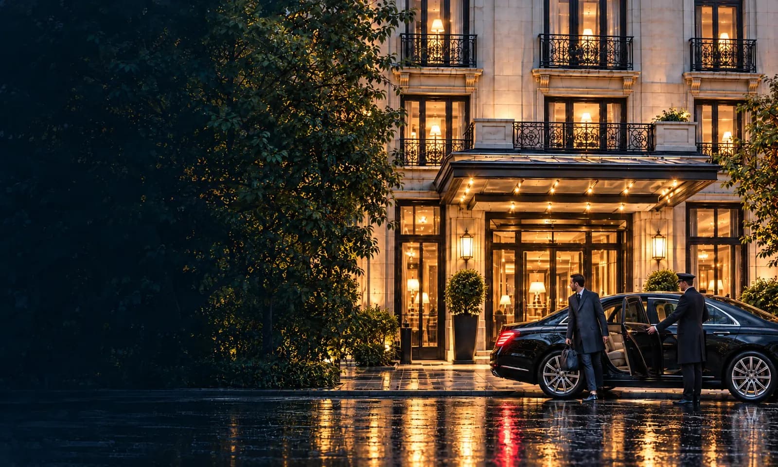 A grand hotel entrance at night, a car waiting
