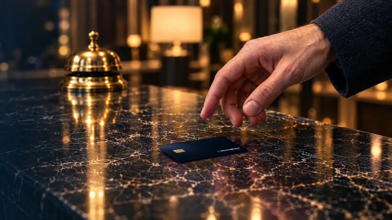 A Pass Card set down on a marble front desk