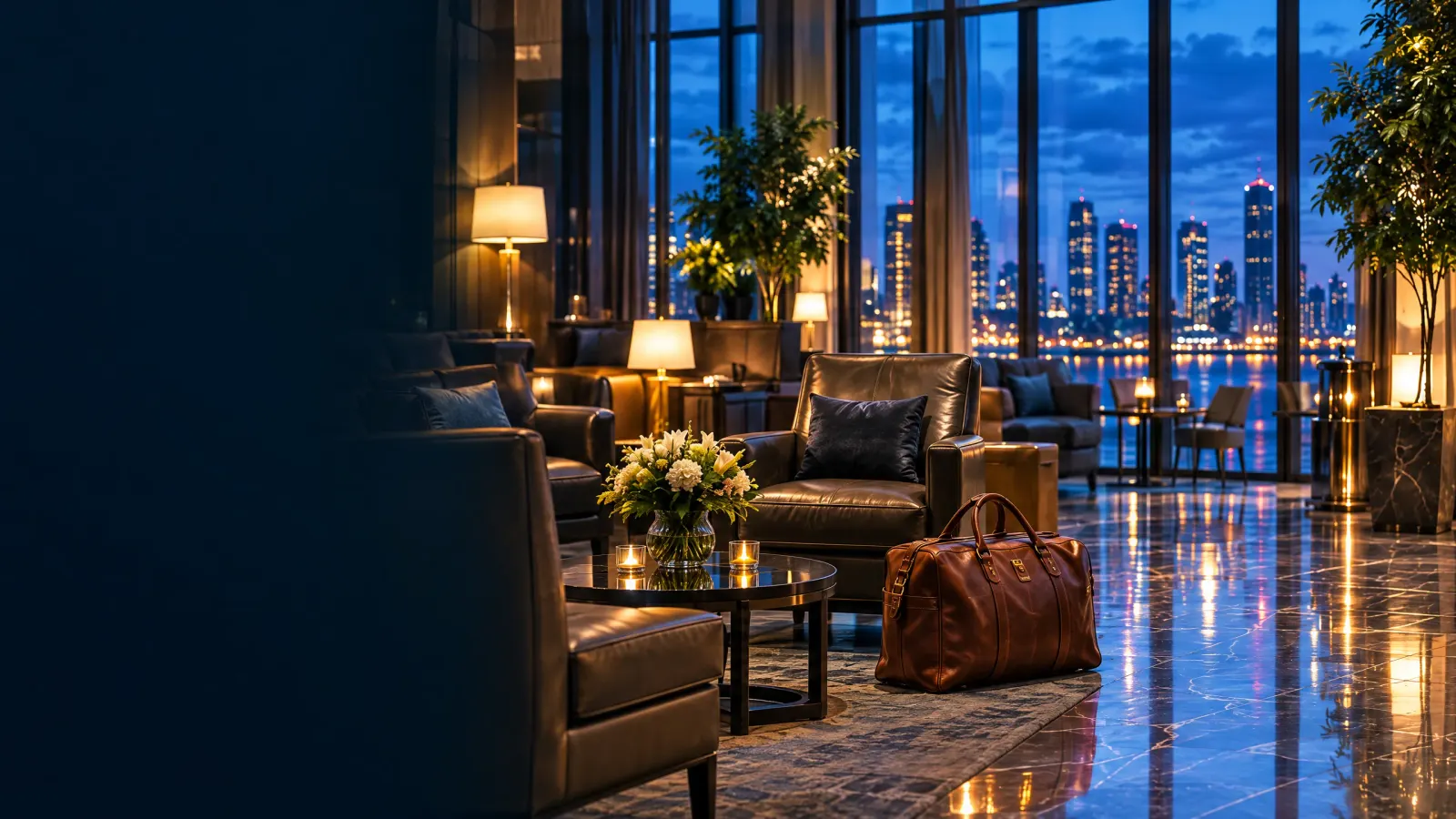 A grand hotel lobby at dusk
