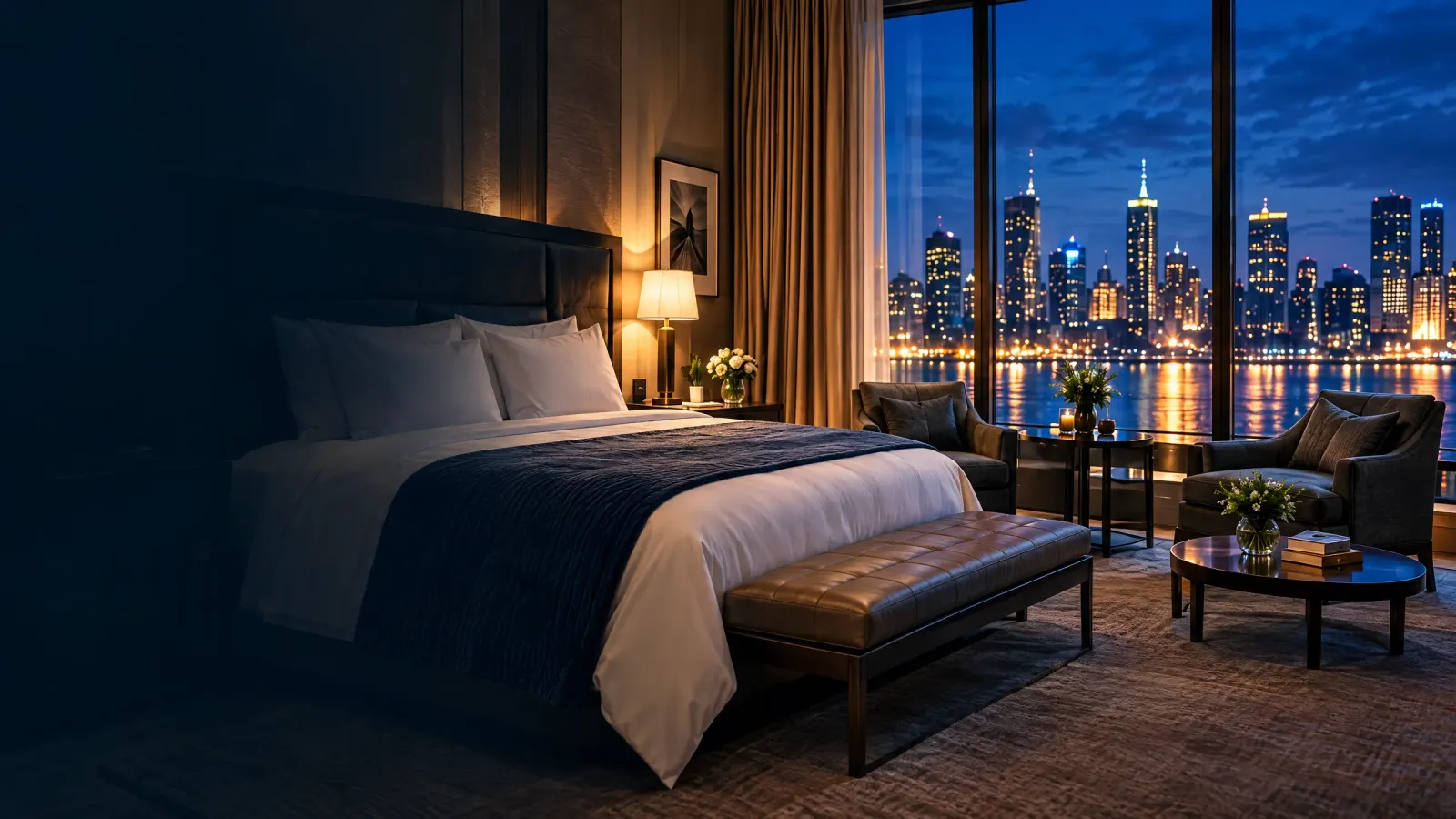 A five-star hotel suite at night, the city lit beyond the windows